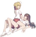  2girls ahoge bangs blonde_hair blunt_bangs brown_eyes brown_hair buruma chocoan fate/extra fate_(series) gym_uniform hair_bun hair_ribbon kishinami_hakuno_(female) long_hair looking_at_another multiple_girls nero_claudius_(fate) nero_claudius_(fate)_(all) ribbon shoes short_hair simple_background smirk sneakers straddling sweatdrop very_long_hair white_background yellow_eyes yuri 