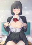  1girl black_hair blue_eyes blush bow bowtie breasts chalkboard classroom collarbone commentary_request desk grey_blazer grey_skirt heart heart-shaped_pupils highres indoors karinto_yamada large_breasts long_sleeves looking_at_viewer no_bra nose_blush on_desk open_clothes open_shirt original pleated_skirt red_neckwear school_desk school_uniform shirt short_hair sitting skirt solo symbol-shaped_pupils uniform white_shirt 