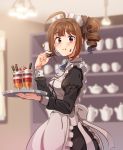  1girl ahoge alternate_costume apron blush breasts brown_hair closed_mouth commentary drill_hair enmaided eyebrows_visible_through_hair holding holding_tray idolmaster idolmaster_million_live! idolmaster_million_live!_theater_days indoors kamille_(vcx68) large_breasts looking_at_viewer maid maid_apron maid_headdress purple_eyes short_hair side_drill solo tray yokoyama_nao 