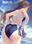  1girl absurdres akita_hika artist_name ass bare_shoulders blue_sky brown_hair cloud cloudy_sky day from_behind hands_on_hips highres long_hair looking_at_viewer looking_back one-piece_swimsuit outdoors scan shiny shiny_hair sky solo swimsuit twitter_username water water_drop wet 