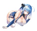  1girl ahoge all_fours arm_support ass azur_lane bangs bare_shoulders bed biting blue_hair blush breasts butt_crack cleavage clothes_tug commentary_request dress elbow_gloves eyebrows_visible_through_hair garter_straps glove_biting gloves gradient_hair hair_between_eyes hair_ornament hair_over_shoulder hair_ribbon half-closed_eyes highres large_breasts leaning_forward long_hair looking_at_viewer lotion multicolored_hair no_panties no_shoes oil oiled ponytail purple_eyes ribbon shiny shiny_skin short_dress sidelocks simple_background sitting smile solo st._louis_(azur_lane) strapless strapless_dress thighhighs thighs tress_ribbon tube_dress white_background white_gloves white_legwear youta 