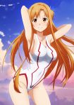  1girl absurdres armpits arms_behind_head artist_name asuna_(sao) benjoerres blue_sky blush breasts brown_eyes brown_hair cloud collarbone commentary highres huge_filesize large_breasts long_hair looking_at_viewer outdoors red_swimsuit sky smile solo swimsuit sword_art_online white_swimsuit 