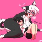  &lt;3 &lt;3_eyes anthro black_clothing black_fur black_nose blue_eyes blush bottomless breasts breath butt canid canine cheek_tuft clothed clothing collar duo eyebrow_through_hair eyebrows female fur hair hi_res human inner_ear_fluff kemono larger_female looking_aside male mammal mature_female pink_background saliva shoulder_tuft simple_background size_difference skimpy smaller_male tongue tongue_out translucent translucent_hair tuft wherewolf white_clothing white_fur 