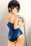  1girl absurdres ass bangs black_hair blue_swimsuit blush brown_eyes closed_mouth competition_swimsuit eyebrows_visible_through_hair fingernails from_behind hair_between_eyes highres holding holding_shower_head looking_at_viewer looking_back matsunaga_kouyou one-piece_swimsuit original shower_head smile solo swimsuit tile_wall tiles water wet 