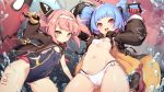  2girls :d absurdres ahoge arms_up ass_visible_through_thighs asymmetrical_sleeves azur_lane bangs blue_hair blue_swimsuit blunt_bangs blush body_writing breasts brown_jacket cameltoe character_name cleft_of_venus closed_mouth covered_navel cowboy_shot eyebrows_visible_through_hair gloves groin hair_ornament hairband headband highres hood hoodie jacket long_hair long_sleeves looking_at_viewer midriff multiple_girls navel o-ring o-ring_bottom official_art one-piece_swimsuit open_clothes open_jacket open_mouth pink_eyes pink_hair red_eyes red_gloves round_teeth rudder_footwear shanyao_jiang_tororo short_hair short_twintails small_breasts smile stomach swimsuit teeth thighs twintails two_side_up u-556_(azur_lane) u-81_(azur_lane) underboob underwater upper_teeth white_hairband yellow_eyes yellow_gloves 