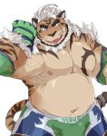  2019 anthro belly bulge clothing felid gloves hombretigre looking_at_viewer male mammal moobs navel nipples open_mouth open_smile pantherine slightly_chubby smile solo tiger tokyo_afterschool_summoners train5 video_games 