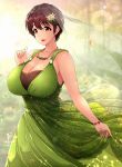  1girl bare_shoulders bracelet breasts brown_eyes brown_hair cleavage collarbone commentary_request dress eyebrows_visible_through_hair falling_leaves flower green_dress hair_flower hair_ornament highres holding_skirt huge_breasts idolmaster idolmaster_cinderella_girls jewelry leaf long_skirt necklace oikawa_shizuku open_mouth outdoors see-through short_hair skirt tree umasan veil 