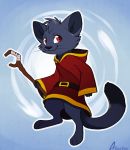  2019 anthro aseethe black_fur black_nose clothed clothing domestic_cat felid feline felis fur mammal red_eyes simple_background smile solo standing 