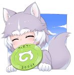 1girl :3 ^3^ ^_^ animal_ears closed_eyes closed_mouth dog_(mixed_breed)_(kemono_friends) dog_ears dog_tail eyebrows_visible_through_hair facing_viewer frisbee gloves grey_hair japari_symbol kemono_friends mouth_hold multicolored_hair nyifu short_hair smile solo tail translation_request white_gloves white_hair 