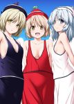  3girls :d alternate_costume arms_behind_back bangs bare_shoulders black_headwear black_skirt black_tank_top blonde_hair blue_eyes blue_hair blue_sky blush breasts brown_eyes brown_hair cleavage cloud collarbone commentary_request cowboy_shot crescent day eyebrows_visible_through_hair from_side hair_between_eyes head_tilt highres looking_at_viewer lunasa_prismriver lyrica_prismriver medium_breasts merlin_prismriver multiple_girls nori_tamago open_mouth outdoors parted_lips red_headwear red_skirt red_tank_top short_hair siblings sisters skirt skirt_set sky small_breasts smile standing star tank_top touhou white_headwear white_skirt white_tank_top yellow_eyes 