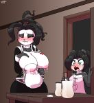  anthro big_breasts black_clothing black_hair blizzard_entertainment blue_eyes blush breast_milking breasts chen_stormstout clothing collarbone crossgender cute_fangs duo fangs female fur green_eyes grey_fur hair half-closed_eyes hi_res huge_breasts jug lactating li_li_stormstout mammal milk mtf_crossgender nipples off_shoulder one_eye_closed open_mouth pandaren pink_clothing pink_tongue ponytail surprise tongue ursid video_games warcraft wherewolf white_fur 