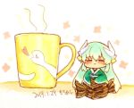  1girl candy chibi cup dated eyebrows_visible_through_hair fate/grand_order fate_(series) food green_hair horns japanese_clothes kimono kiyohime_(fate/grand_order) long_hair minigirl motimotimeshi mug patterned_background signature sleeves_past_wrists smile steam traditional_media watercolor_pencil_(medium) wrapped_candy 