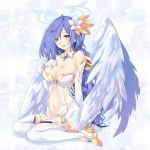  1girl angel angel_wings blue_hair blush breasts cleavage detached_collar elbow_gloves feathered_wings flower four_goddesses_online:_cyber_dimension_neptune gloves hair_flower hair_ornament halo hand_on_own_chest iris_heart iwasi-r kami_jigen_game_neptune_v large_breasts long_hair looking_at_viewer navel navel_cutout neptune_(series) power_symbol red_eyes see-through sitting smile solo symbol-shaped_pupils very_long_hair white_gloves white_legwear wings 