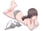  1girl absurdres ass bra bra_removed brown_hair commentary head_rest highres long_hair looking_at_viewer lying on_stomach original panties tuskryo underwear underwear_only white_background 