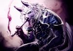  2013 abstract_background anthro armor canid canine canis hair male mammal pauldron sitting smoking smoking_pipe solo watsup white_hair wolf 