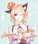  1boy 96neko :} animal_ears aqua_background ascot bangs blonde_hair brown_shorts cake cat_ears collared_shirt commentary_request crown food food_on_face fork glint happy_birthday high-waist_shorts holding holding_food holding_fork long_sleeves male_focus niconico one_eye_closed sharmi1010 shirt shorts signature slice_of_cake solo suspenders white_neckwear white_shirt 