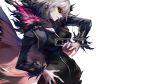  1girl breasts cleavage earrings fate/grand_order fate_(series) fur_trim fuse_(itou_jun) grey_hair hand_on_hip jacket jeanne_d&#039;arc_(alter)_(fate) jeanne_d&#039;arc_(fate)_(all) jewelry short_hair simple_background smile solo sunglasses white_background wicked_dragon_witch_ver._shinjuku_1999 