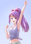  1girl arm_up bangs bare_arms bare_shoulders bow bra collarbone commentary_request eyebrows_visible_through_hair hair_bow highres kaguya_madoka long_hair ogry_ching open_mouth pink_bra precure purple_background purple_eyes purple_hair red_bow round_teeth shorts simple_background solo star_twinkle_precure sweat tank_top teeth underwear upper_teeth white_shorts white_tank_top 