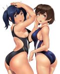 2girls alternate_costume arms_up ass back bangs bare_arms bare_shoulders blue_eyes blue_hair blush breasts brown_eyes brown_hair commentary_request competition_swimsuit cowboy_shot eyebrows_visible_through_hair from_behind from_side hair_between_eyes hand_on_own_cheek highleg highleg_swimsuit hiryuu_(kantai_collection) kantai_collection large_breasts looking_at_viewer looking_back medium_breasts multiple_girls one-piece_swimsuit one_side_up open_mouth ribbon short_hair side_ponytail sideboob simple_background skindentation smile solo souryuu_(kantai_collection) standing swimsuit thighs twintails wa_(genryusui) white_background white_ribbon 