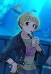  1girl aquarium blonde_hair bracelet brown_eyes collarbone cup denim drinking drinking_straw earrings fukuda_noriko holding holding_cup idolmaster idolmaster_million_live! indoors jeans jewelry kamille_(vcx68) long_sleeves looking_at_viewer pants short_hair solo standing star star_earrings tekken 