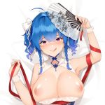  1girl ahoge armpits azur_lane bangs bare_shoulders blue_hair braid breasts breasts_outside china_dress chinese_clothes cleavage dress eyebrows_visible_through_hair fan floral_print hair_ribbon kl501 large_breasts looking_at_viewer nipples open_clothes paper_fan purple_eyes ribbon shiny shiny_skin sidelocks solo st._louis_(azur_lane) tongue tongue_out wrist_cuffs 