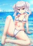  1girl bangs bare_legs barefoot beach bikini blue_sky blush breasts closed_mouth commentary_request day eyebrows_visible_through_hair front-tie_bikini front-tie_top grey_hair hair_between_eyes highres horizon kantai_collection kashima_(kantai_collection) knee_up large_breasts long_hair looking_at_viewer myuu_(arisumeria) navel outdoors purple_eyes side-tie_bikini sidelocks sky smile solo swimsuit thighs twintails underboob water_drop wavy_hair white_bikini 