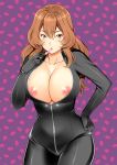  1girl ameno_shigure areolae black_bodysuit bodysuit breasts brown_eyes brown_hair catsuit collarbone cowboy_shot full-length_zipper hand_on_hip large_breasts lipstick_mark lipstick_tube long_hair looking_at_viewer lupin_iii mine_fujiko nipples partially_unzipped shiny shiny_clothes solo zipper 