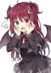  1girl @_@ ahoge bangs black_dress blue_eyes blush capelet commentary cowboy_shot crescent crescent_hair_ornament demon_girl demon_horns demon_wings dress fang frills hair_ornament hands_on_own_face heterochromia highres horns long_hair long_sleeves nijisanji open_mouth red_eyes red_hair simple_background skin_fang sweatdrop two_side_up virtual_youtuber white_background wings yuusa yuzuki_roa 
