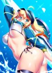  1girl ahoge arm_up artoria_pendragon_(all) ass bangs baseball_cap bikini blonde_hair blue_eyes blue_headwear blue_jacket blue_sky blush breasts covered_nipples cropped_jacket fate/grand_order fate_(series) hair_between_eyes hair_through_headwear hat highres jacket lance large_breasts long_hair looking_at_viewer mysterious_heroine_xx_(foreigner) navel polearm ponytail shrug_(clothing) side-tie_bikini sidelocks sky solo swimsuit thigh_strap twinmyniad water weapon white_bikini zen zipper_pull_tab 