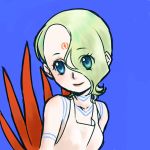  1girl blue_eyes breasts breath_of_fire breath_of_fire_v closed_mouth commentary_request dress facial_mark full_body_tattoo green_hair hair_over_one_eye looking_at_viewer nina_(breath_of_fire_v) red_wings short_hair simple_background smile solo syari18192 tattoo white_dress wings 