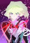  1boy azarashi_ball black_gloves black_jacket blonde_hair copyright_name cravat fire gloves highres jacket lio_fotia promare purple_eyes solo 