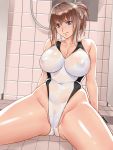  1girl ass bangs bathroom blue_eyes breasts brown_hair cameltoe collarbone covered_navel covered_nipples groin highleg highleg_swimsuit highres large_breasts looking_at_viewer one-piece_swimsuit original ponytail sitting smile solo spread_legs suuitchi swimsuit 