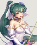  1girl bare_shoulders blush bouquet breasts bride dress earrings fire_emblem fire_emblem:_rekka_no_ken fire_emblem_heroes flower formal gloves gonzarez green_eyes green_hair high_ponytail highres jewelry large_breasts long_hair looking_at_viewer lyndis_(fire_emblem) necklace ponytail strapless strapless_dress tiara veil wedding_dress white_dress white_gloves 