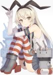  1girl 3others anchor_hair_ornament black_hairband black_neckwear black_panties blonde_hair blue_sailor_collar blue_skirt crop_top elbow_gloves full_body gi_(melmail) gloves grey_eyes hair_ornament hairband highleg highleg_panties highres kantai_collection long_hair looking_at_viewer microskirt miniskirt multiple_others neckerchief panties rensouhou-chan sailor_collar shimakaze_(kantai_collection) simple_background skirt smile striped striped_legwear thighhighs underwear white_background white_gloves 