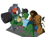  barazoku canid canine canis dragon dumbbell felid gorrym gym hi_res lifting lion major_havoc male male/male mammal pantherine surprise sweat the_saurian weights wolf zabi 