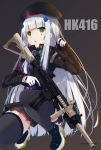  1girl 2019 assault_rifle bangs beret black_footwear black_headwear black_legwear blush boots breasts brown_background brown_skirt character_name commentary_request eyebrows_visible_through_hair facial_mark girls_frontline gloves green_eyes gun h&amp;k_hk416 hair_ornament hand_up hat high_heel_boots high_heels highres hk416_(girls_frontline) holding holding_gun holding_weapon jacket ko_yu long_hair long_sleeves object_namesake parted_lips pleated_skirt purple_jacket rifle silver_hair simple_background skirt small_breasts solo squatting thighhighs trigger_discipline twitter_username very_long_hair weapon white_gloves 