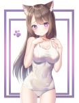  1girl animal_ear_fluff animal_ears ass_visible_through_thighs bangs bare_arms bare_shoulders blush breasts brown_hair cat_ears cat_girl collarbone commentary_request covered_navel cowboy_shot frown hands_up highres hinaki_(hinaki_0102) large_breasts long_hair looking_at_viewer one-piece_swimsuit original purple_eyes school_swimsuit solo standing swimsuit thighs white_swimsuit 