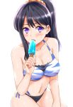  1girl animal_print bikini black_bikini_bottom black_hair blue_eyes breasts cleavage collarbone commentary_request eating food long_hair looking_at_viewer medium_breasts mismatched_bikini ookawa_wataru orange_scrunchie ponytail popsicle scrunchie side-tie_bikini simple_background solo ssss.gridman swimsuit takarada_rikka tiger_print white_background 