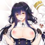  1girl azuma_(azur_lane) azur_lane bangs bed black_gloves black_hair blush bra breasts breasts_outside cleavage eyebrows_visible_through_hair gloves hair_between_eyes hair_ornament hairclip half_gloves kl501 lace lace-trimmed_bra large_breasts long_hair looking_at_viewer lying nipples on_back open_clothes open_mouth solo underbust underwear 