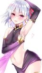  1girl arm_up armpits bangs bare_shoulders blush breasts commentary_request covered_nipples cowboy_shot detached_sleeves dress earrings eyebrows_visible_through_hair fate/grand_order fate_(series) hair_between_eyes hair_ribbon heart highres ikura_nagisa jewelry kama_(fate/grand_order) looking_at_viewer midriff navel nipples open_mouth purple_dress purple_eyes purple_skirt red_ribbon ribbon see-through short_hair silver_hair simple_background skirt small_breasts smile solo stomach white_background 