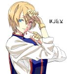  1girl blonde_hair closed_mouth earrings genderswap genderswap_(mtf) highres hunter_x_hunter jewelry kurapika looking_at_viewer red_eyes short_hair simple_background smile solo velzhe white_background 