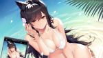  1girl animal_ears atago_(azur_lane) atago_(midsummer_march)_(azur_lane) azur_lane beach bikini black_hair blurry_foreground breasts brown_eyes cellphone cellphone_camera cleavage commentary_request day dutch_angle extra_ears flower hair_flower hair_ornament large_breasts long_hair navel outdoors palm_tree phone sand seiza shallow_water sitting smile swimsuit tree white_bikini white_swimsuit xiaoyin_li 