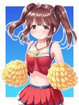  1girl bangs bare_shoulders blue_background blush breasts brown_eyes brown_hair closed_mouth commentary_request crop_top eyebrows_visible_through_hair hair_ribbon highres holding idolmaster idolmaster_cinderella_girls long_hair midriff navel ogata_chieri pleated_skirt pom_poms red_skirt red_tank_top ribbon sidelocks skirt small_breasts smile solo striped striped_ribbon tank_top twintails two-tone_background u2_(5798239) white_background 