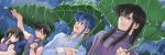  1girl 3boys black_hair blue_eyes blue_hair brother_and_sister celice_(fire_emblem) fire_emblem fire_emblem:_seisen_no_keifu holding lakche_(fire_emblem) leaf leaf_umbrella long_hair multiple_boys rain shanan_(fire_emblem) siblings skasaha_(fire_emblem) smile twins water_drop 