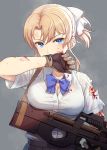  1girl blonde_girl_(itou) blonde_hair blood blood_on_face bloody_clothes blue_eyes bow bowtie bra bra_through_clothes breasts bullpup commentary_request gloves grey_background gun hair_ribbon injury itou_(onsoku_tassha) large_breasts looking_at_viewer original p90 ribbon shirt short_sleeves simple_background skirt solo submachine_gun torn_clothes torn_shirt underwear upper_body weapon white_ribbon white_shirt wiping_face 