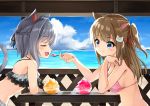  2girls :d animal_ears bangs bare_arms bare_shoulders bikini black_ribbon blue_sky blush braid breasts brown_hair cat_ears cat_hair_ornament cat_tail closed_eyes closed_mouth cloud commentary_request day eye_contact eyebrows_visible_through_hair fang feeding hair_between_eyes hair_intakes hair_ornament hair_ribbon highres holding holding_spoon horizon leaning_forward looking_at_another medium_breasts multiple_girls ocean one_side_up open_mouth original outdoors pink_bikini ponytail profile red_ribbon ribbon shaved_ice silver_hair sky smile sora_(silent_square) spoon swimsuit table tail tail_raised upper_body water yuri 