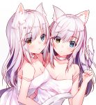  2girls :3 animal_ear_fluff animal_ears bare_arms bare_shoulders blue_eyes blush breasts brown_eyes cat_ears cat_girl cat_tail choker cleavage closed_mouth collarbone commentary_request dress hand_up heterochromia highres long_hair looking_at_viewer medium_breasts multiple_girls original siblings silver_hair spaghetti_strap strap_slip tail twins upper_body usagihime white_choker white_dress 