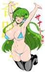  1girl :o armpits arms_up bangs bare_arms bare_shoulders bikini black_legwear blue_bikini blush breasts commentary_request eyebrows_visible_through_hair frog_hair_ornament green_hair groin hair_between_eyes hair_ornament hair_tubes halterneck highleg highleg_bikini highres kochiya_sanae large_breasts long_hair looking_at_viewer navel no_shoes open_mouth pentagram roki_(hirokix) shiny shiny_skin sidelocks simple_background skindentation snake_hair_ornament solo star star-shaped_pupils stomach swimsuit symbol-shaped_pupils thighhighs thighs touhou translation_request very_long_hair white_background yellow_eyes 