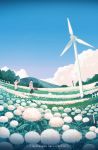  2boys black_hair cloud fence flower hanasei highres hydrangea looking_away mountain multiple_boys original scenery short_hair standing summer tree wind_turbine windmill 