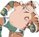  2019 anthro belly bottomwear bulge clothing felid hombretigre humanoid_hands male mammal moobs navel nipples overweight overweight_male pantherine shorts simple_background solo tiger tokyo_afterschool_summoners video_games white_background xzk 